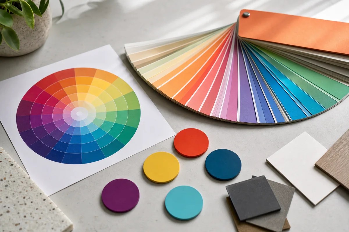 Roue chromatique et nuancier utilisés pour associer des couleurs sur un bureau de designer