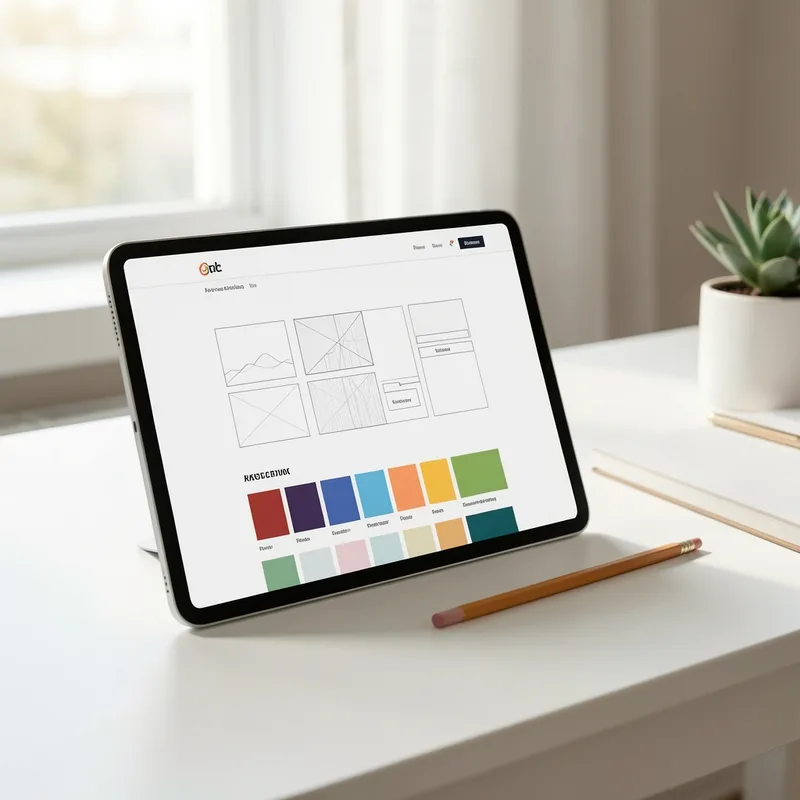 Designer travaillant sur la maquette d'un site web, écran affichant une grille de mise en page et une palette de couleurs